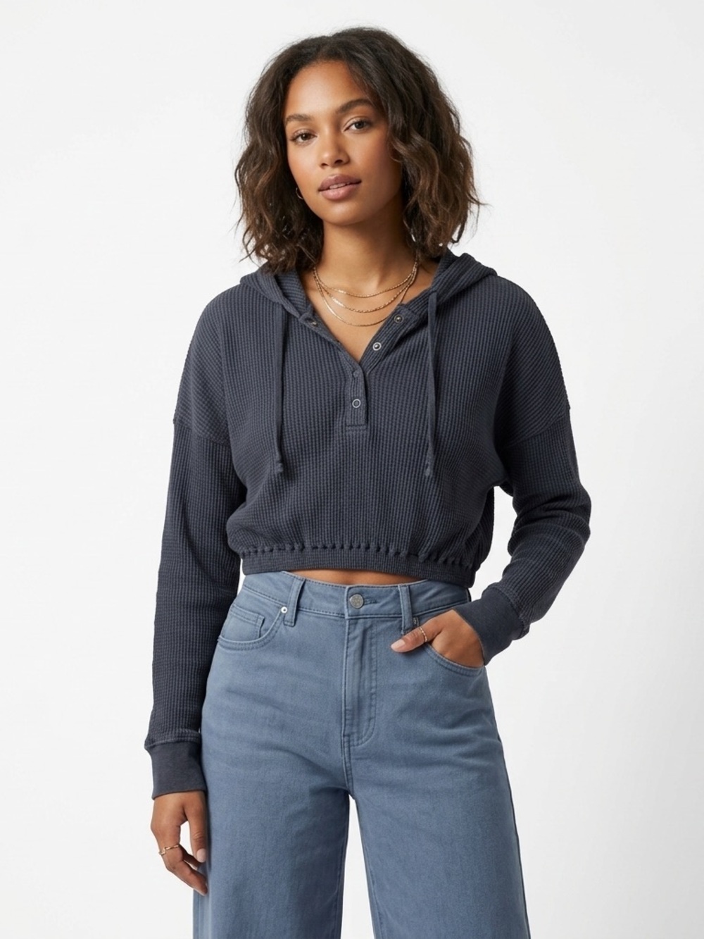 LA Hearts Women Cropped Thermal Hoodie Waffle Henley Charcoal M